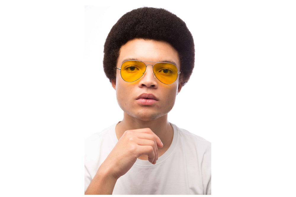 Man Wearing Maverick Light Sensitivity Glasses Readers