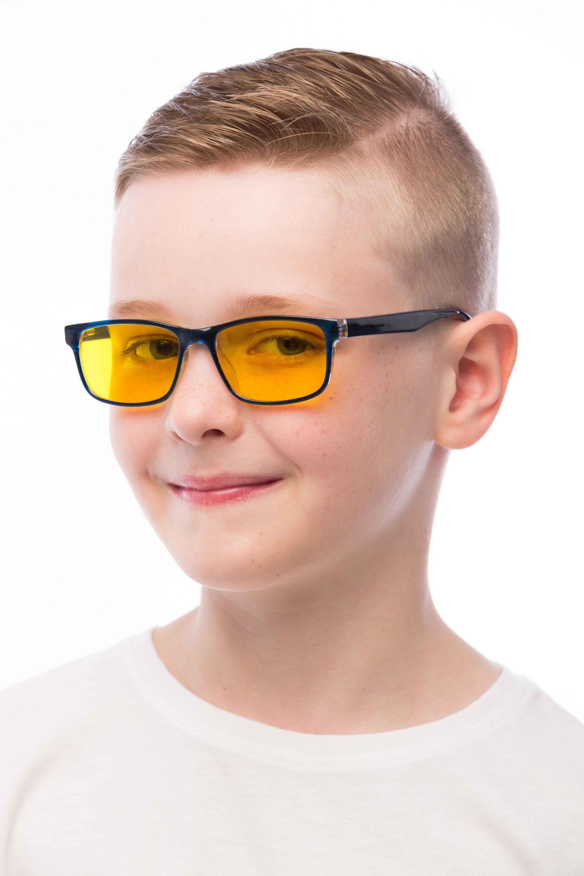 Boy Wearing Theo Light Sensitivity Glasses Readers Angled View
